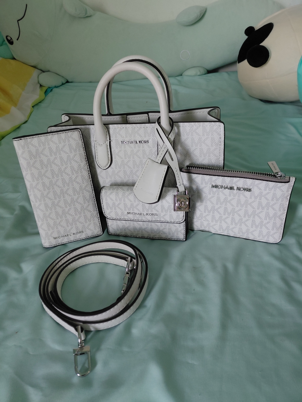 Michael Kors White Monogram Satchel Set with Wallet & Crossbody Strap